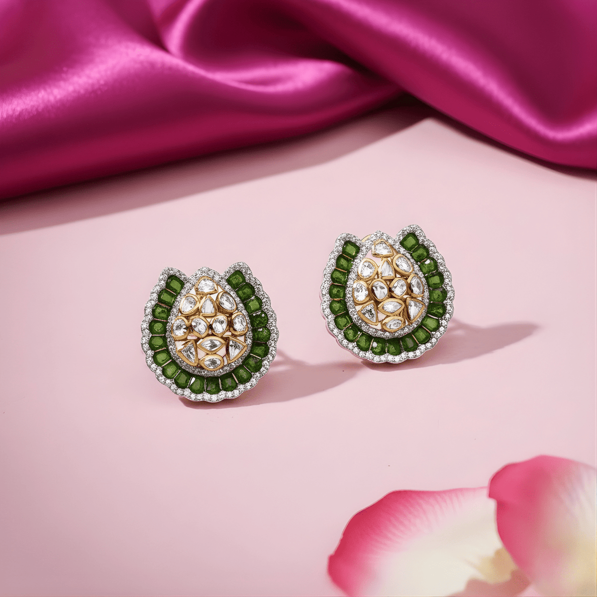 Handcrafted Green Aura Polki Stud Earrings - HS925