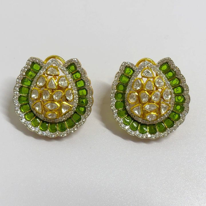 Handcrafted Green Aura Polki Stud Earrings - HS925