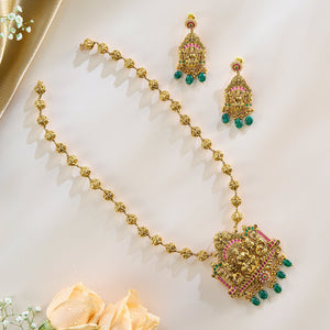 Lakshmi Temple Pendant Set in Antique Gold with Green Drops - HS925
