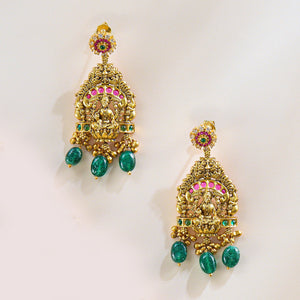 Lakshmi Temple Pendant Set in Antique Gold with Green Drops - HS925