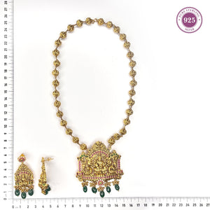 Lakshmi Temple Pendant Set in Antique Gold with Green Drops - HS925