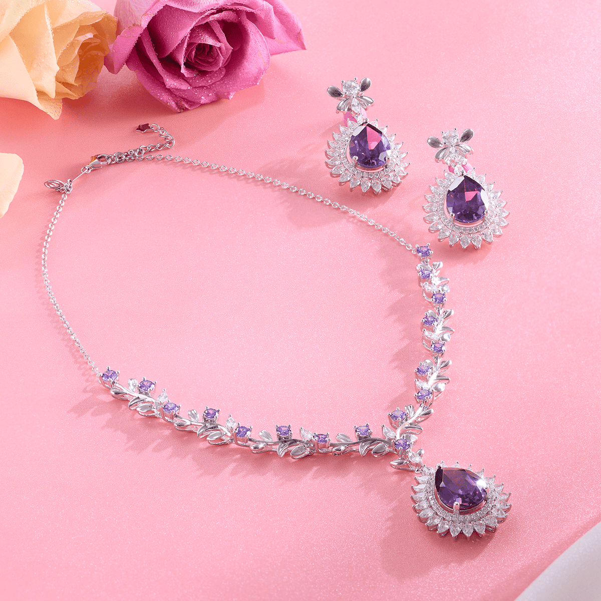 Lavender Gleam Teardrop Purple Necklace & Earring Set - HS925