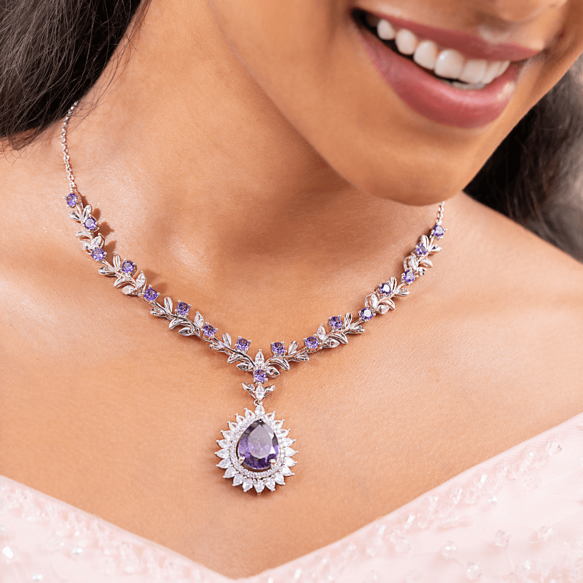 Lavender Gleam Teardrop Purple Necklace & Earring Set - HS925