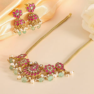 Lotus Bloom Kundan Necklace Set with Traditional Jhumkas - HS925