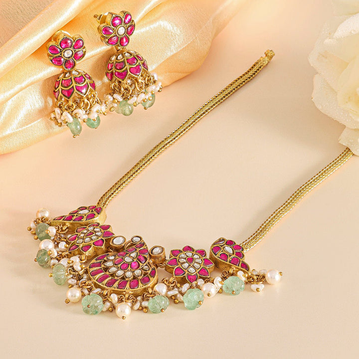 Lotus Bloom Kundan Necklace Set with Traditional Jhumkas - HS925