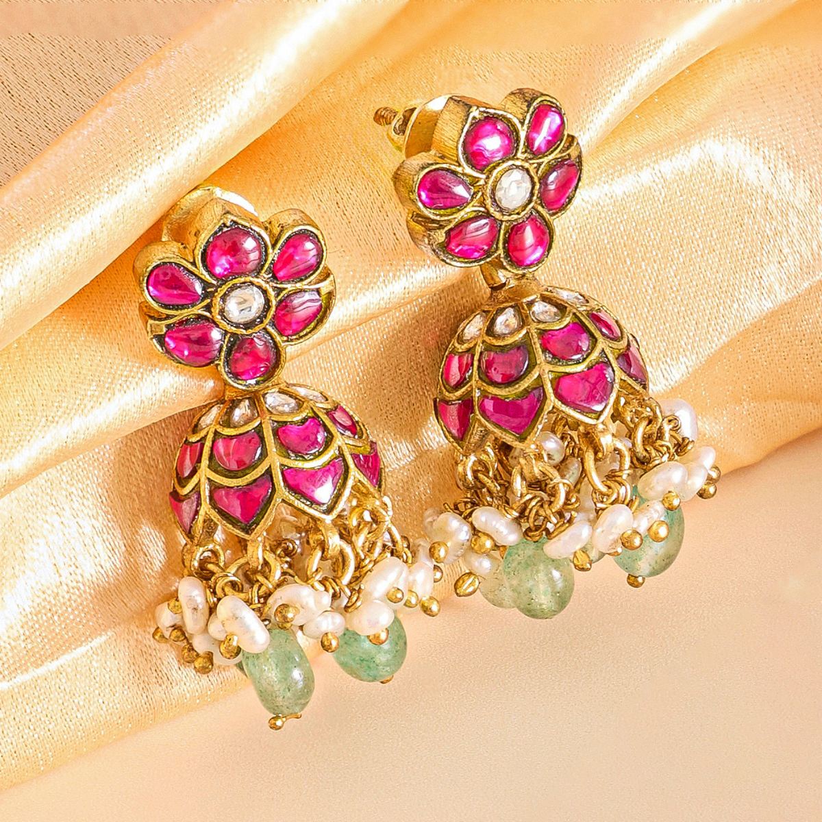 Lotus Bloom Kundan Necklace Set with Traditional Jhumkas - HS925