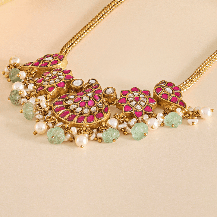 Lotus Bloom Kundan Necklace Set with Traditional Jhumkas - HS925