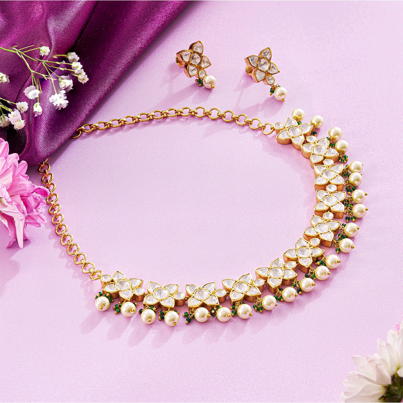 Luminous Golden Pearl Polki Necklace Set with Moissanite - HS925