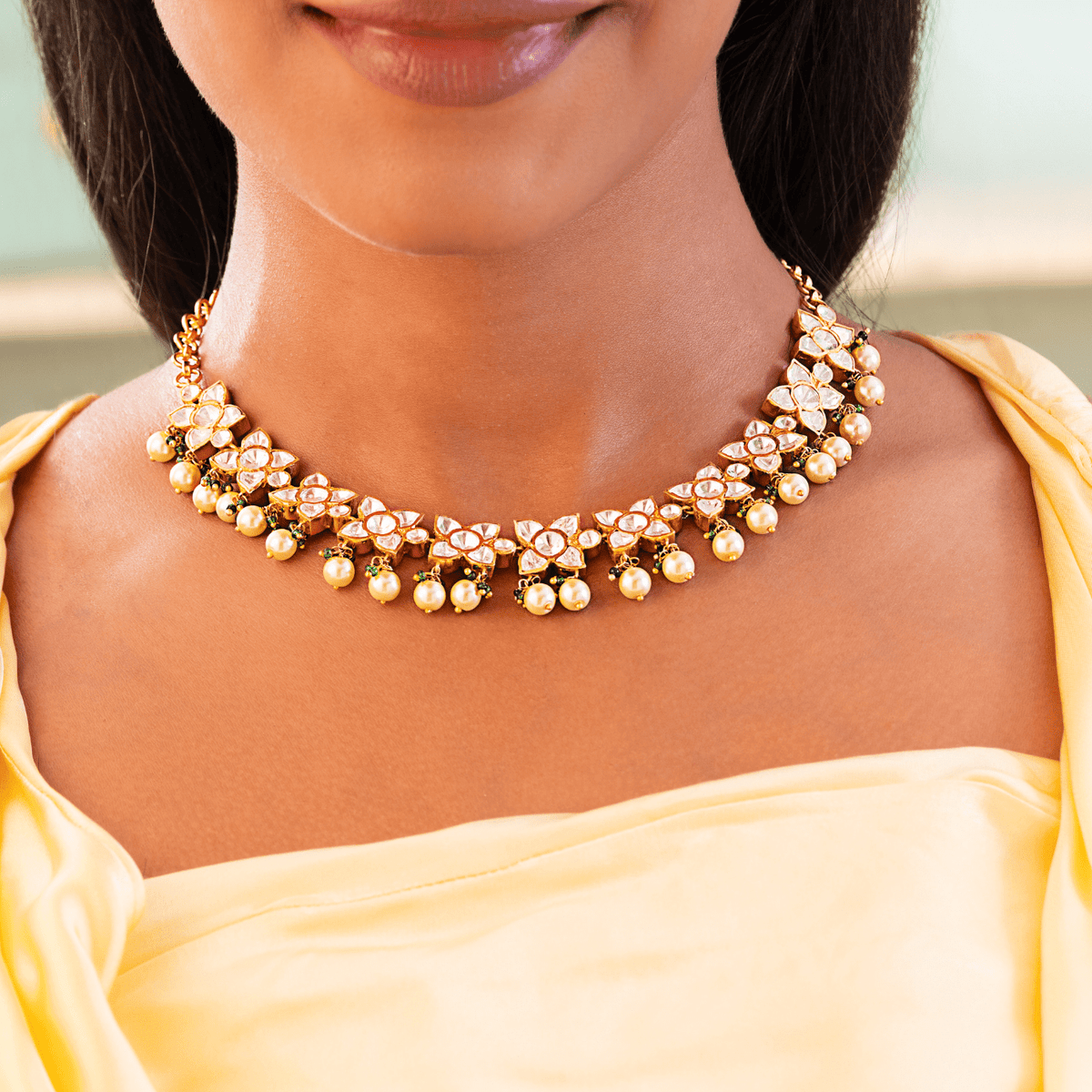 Luminous Golden Pearl Polki Necklace Set with Moissanite - HS925