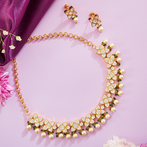 Luminous Golden Pearl Polki Necklace Set with Moissanite - HS925
