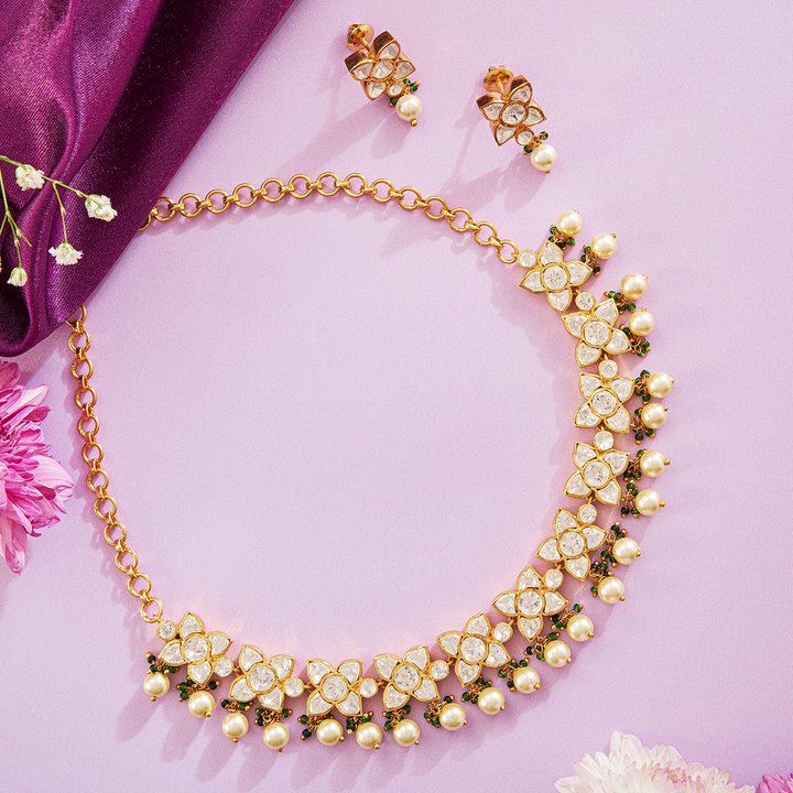 Luminous Golden Pearl Polki Necklace Set with Moissanite - HS925