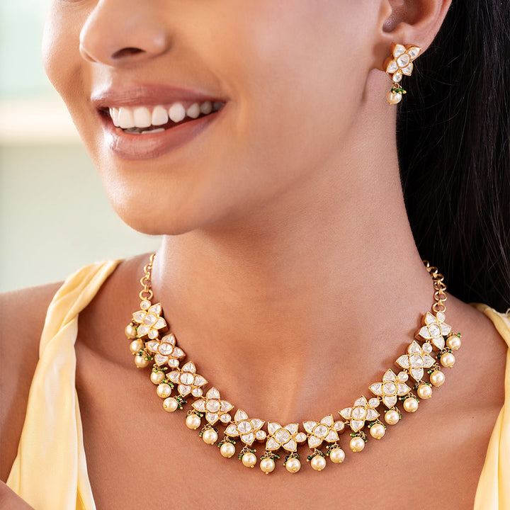 Luminous Golden Pearl Polki Necklace Set with Moissanite - HS925