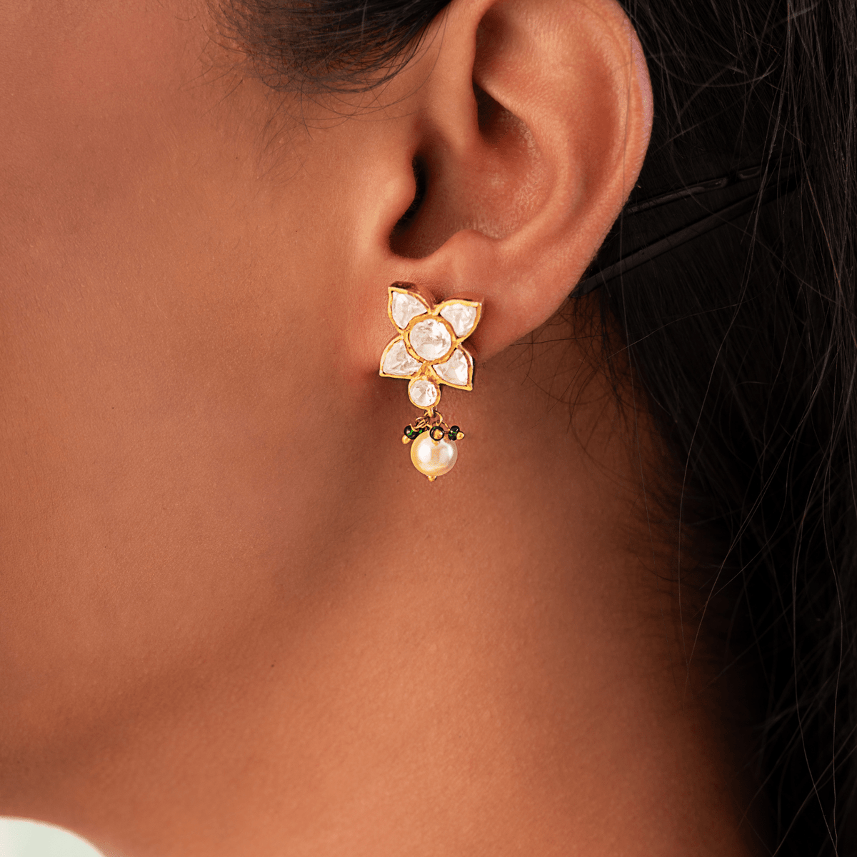 Luminous Golden Pearl Polki Necklace Set with Moissanite - HS925