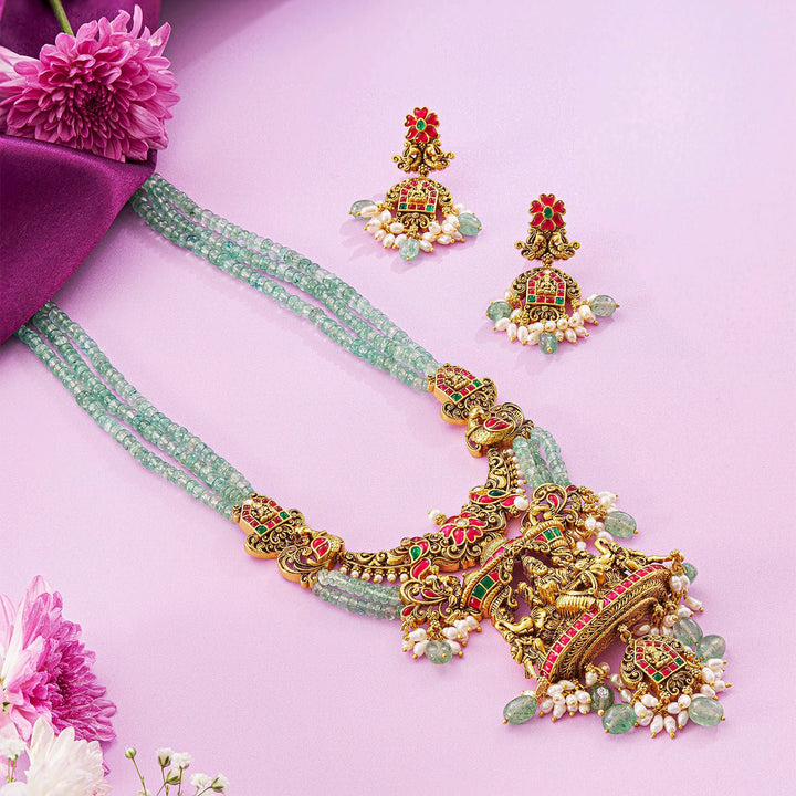 Magnificent Green Beads Lakshmi Necklace set - HS925