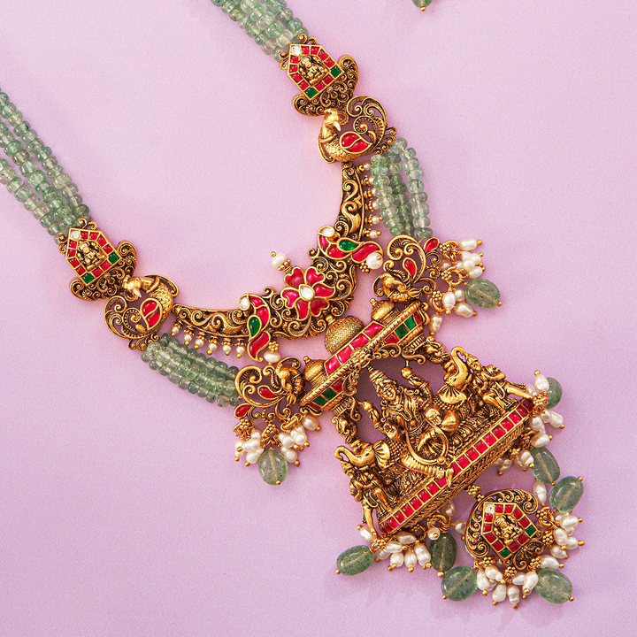 Magnificent Green Beads Lakshmi Necklace set - HS925