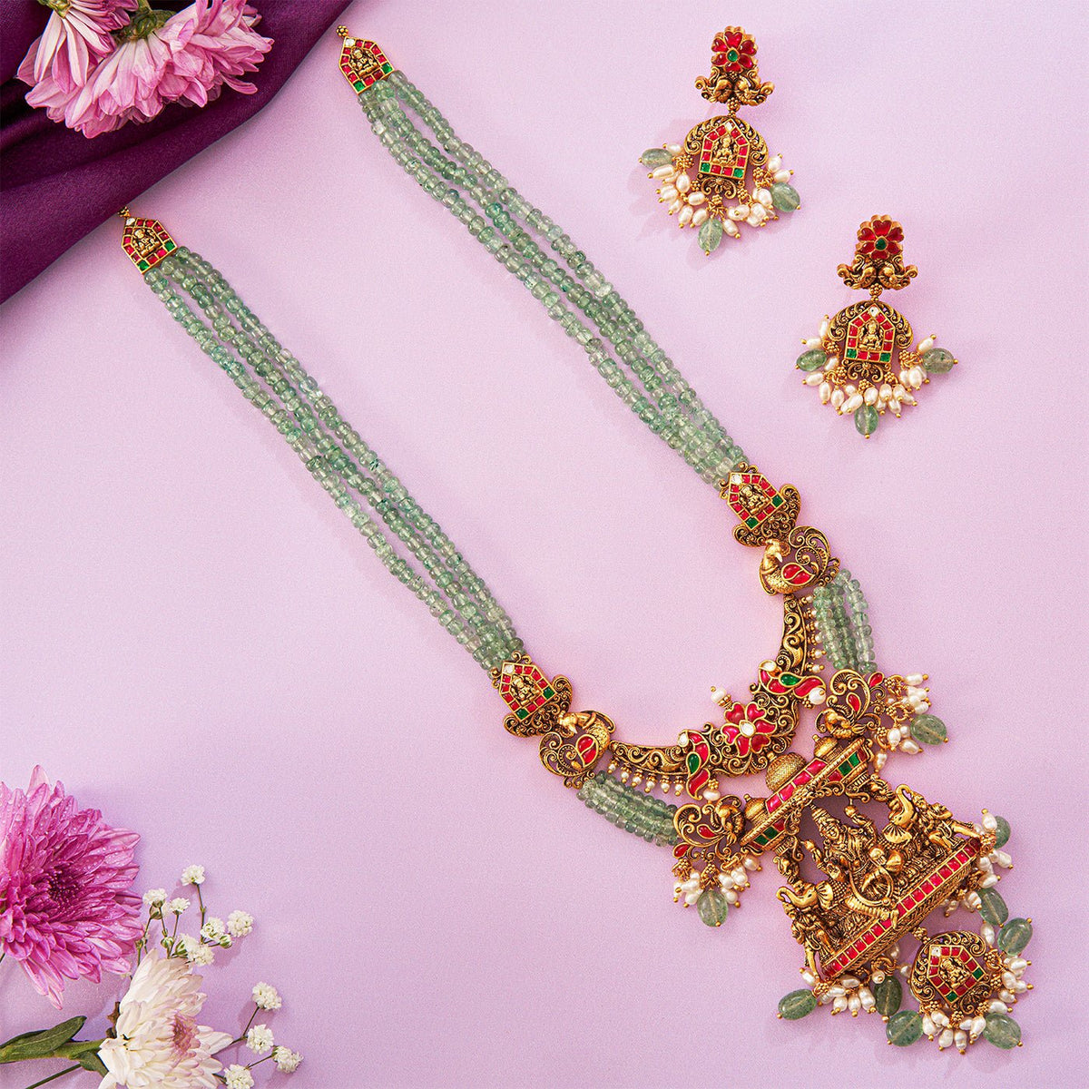 Magnificent Green Beads Lakshmi Necklace set - HS925
