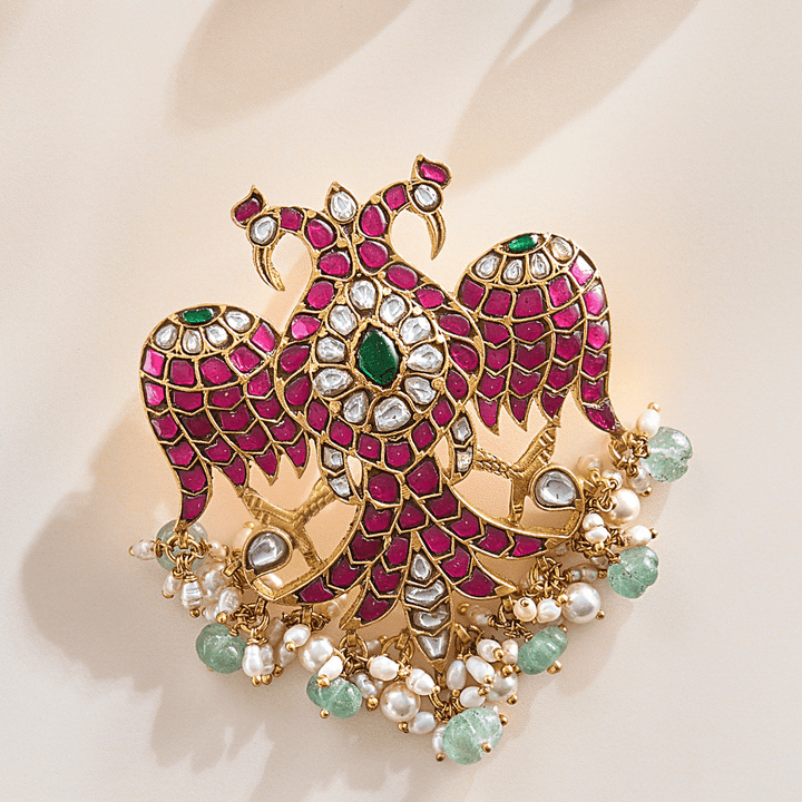 Majestic Kundan Eagle Pendant Set with Moissanite Accents - HS925