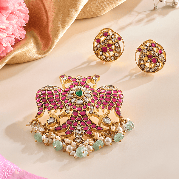 Majestic Kundan Eagle Pendant Set with Moissanite Accents - HS925