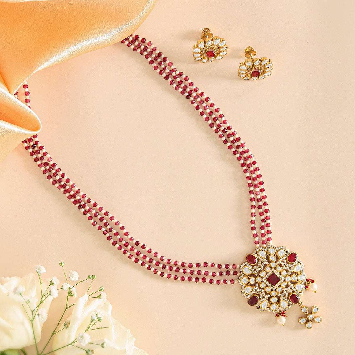 Majestic Layers Red Polki Pendant Necklace - HS925