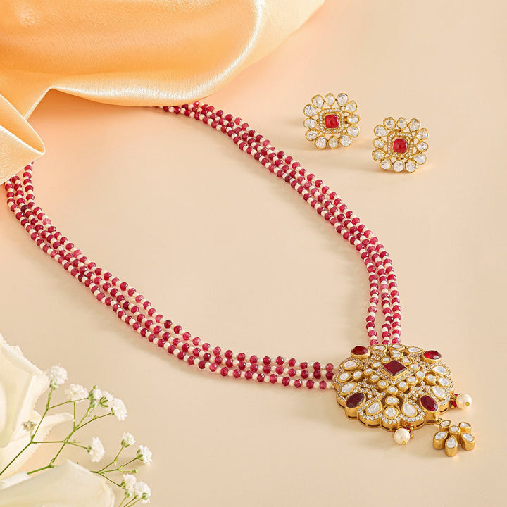 Majestic Layers Red Polki Pendant Necklace - HS925