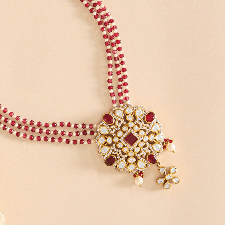 Majestic Layers Red Polki Pendant Necklace - HS925