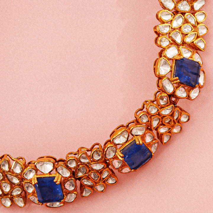 Majestic Royal Blue Stone Choker Necklace with Moissanite Accents - HS925