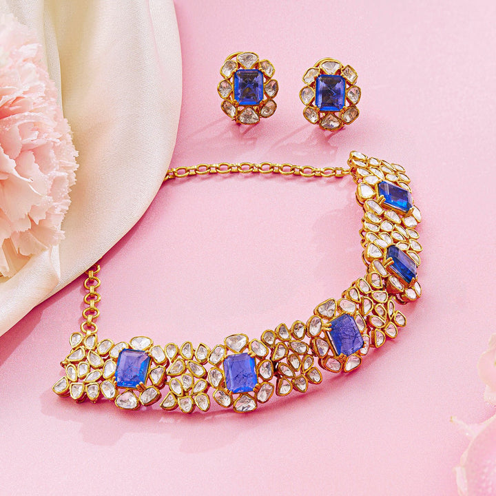 Majestic Royal Blue Stone Choker Necklace with Moissanite Accents - HS925