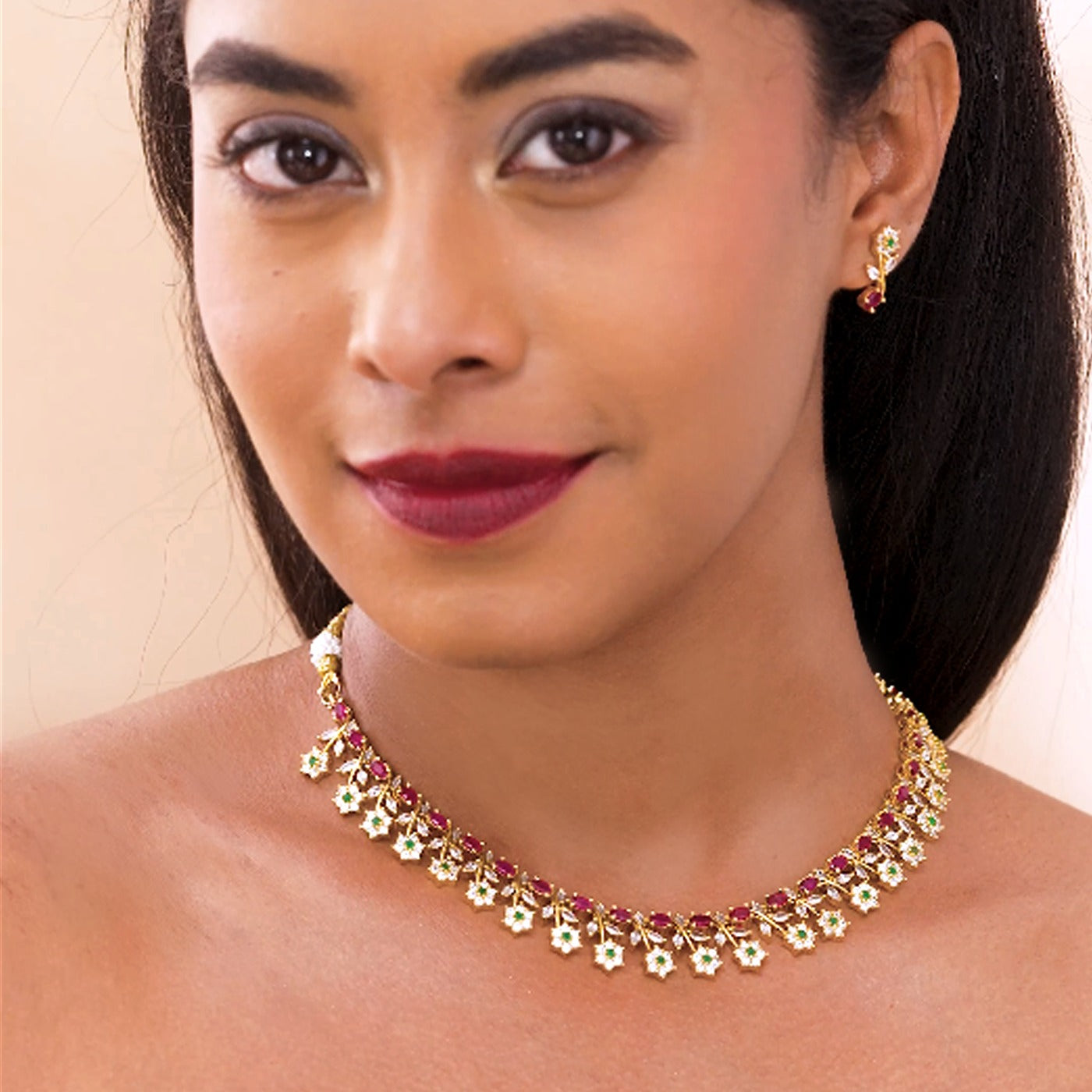 Festive Pink and Green Necklace Set with Floral Accents