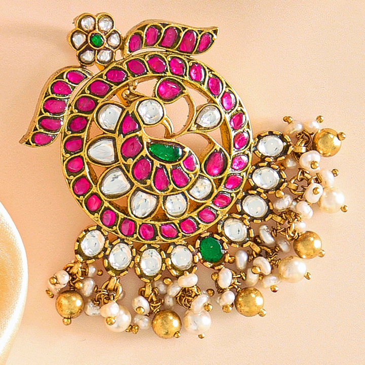 Pink Stone kundan Pendant Set with Green and White Accents - HS925