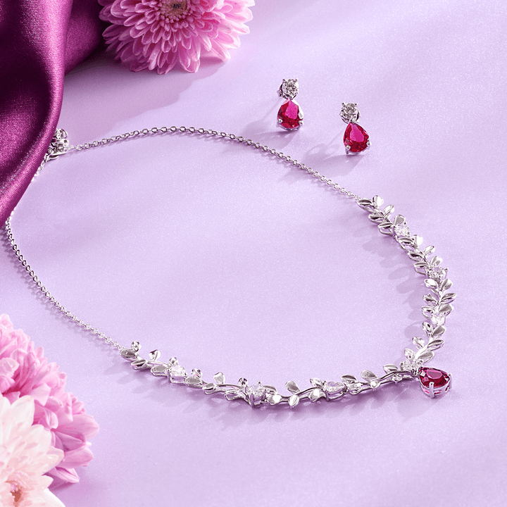 Radiant Pink Leaf Cascade Necklace & Earring Set - HS925