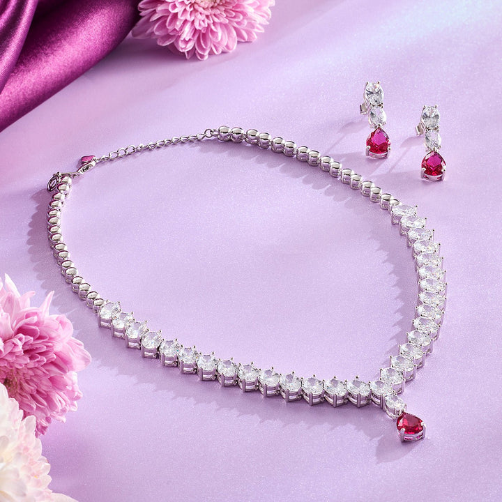 Radiant Red and White Cubic Zirconia Necklace Set - HS925