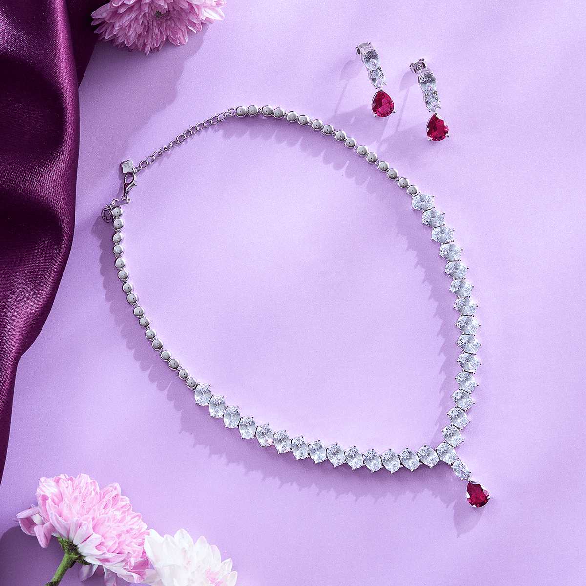 Radiant Red and White Cubic Zirconia Necklace Set - HS925