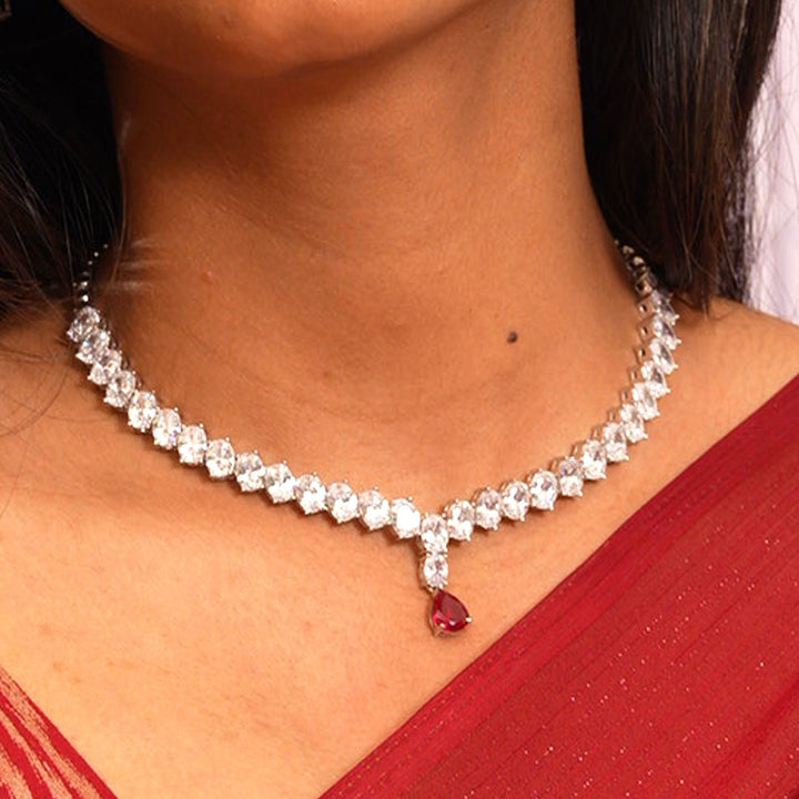 Radiant Red and White Cubic Zirconia Necklace Set - HS925