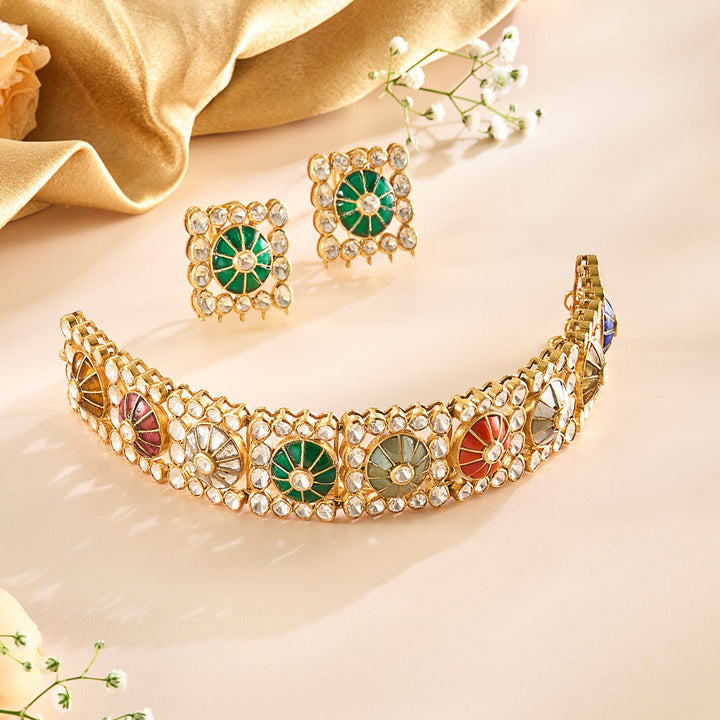 Regal Mosaic Multicolor Choker Necklace Set - HS925