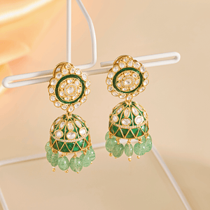Royal Green Beads Long Necklace Set with Jhumka Earrings - HS925