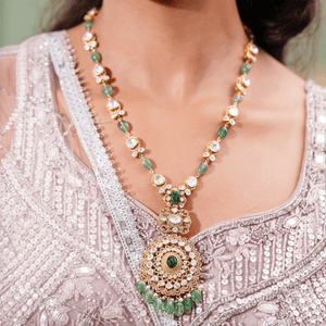 Royal Green Beads Long Necklace Set with Jhumka Earrings - HS925