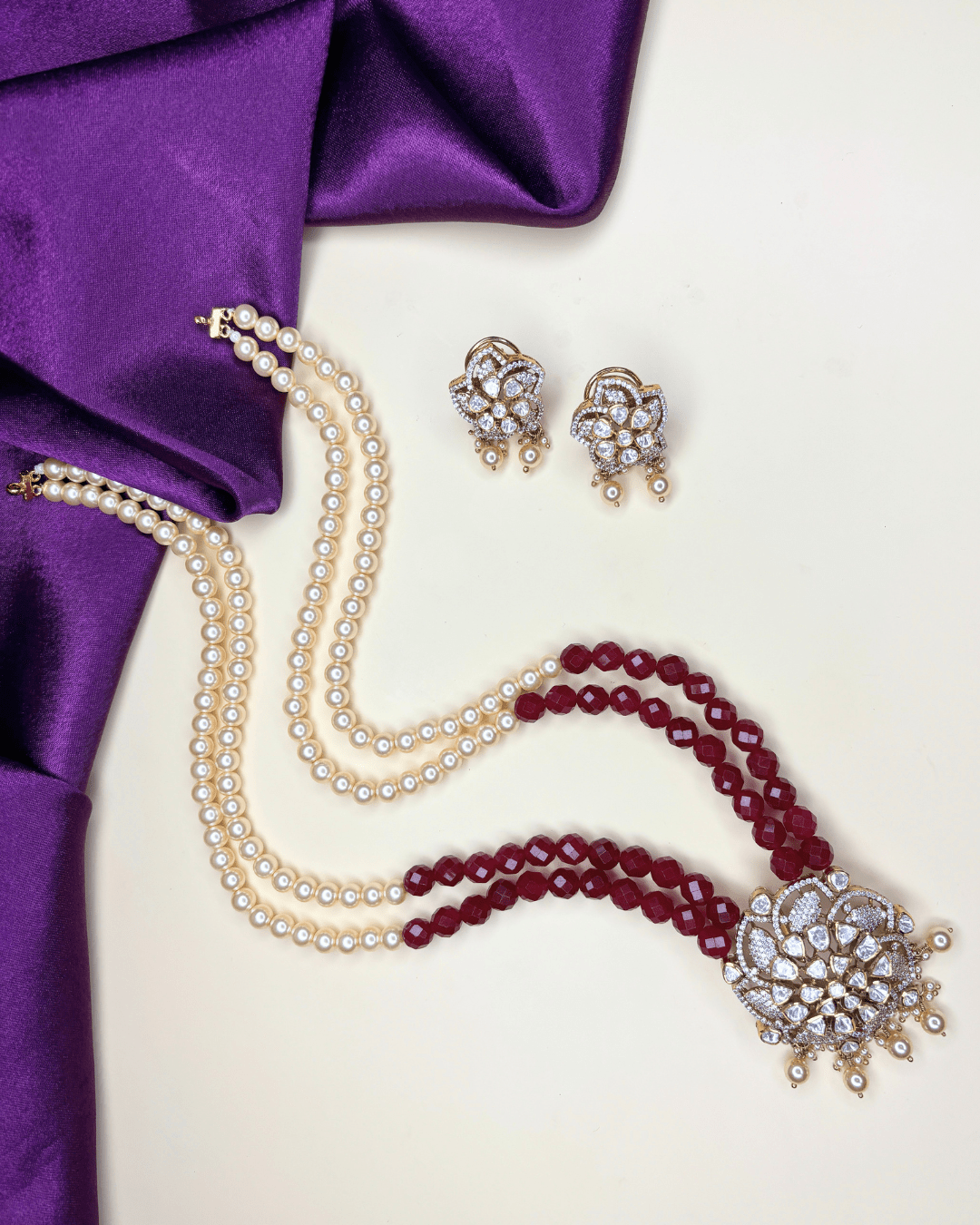 Ruby Pearl Beaded Polki Necklace Set - HS925