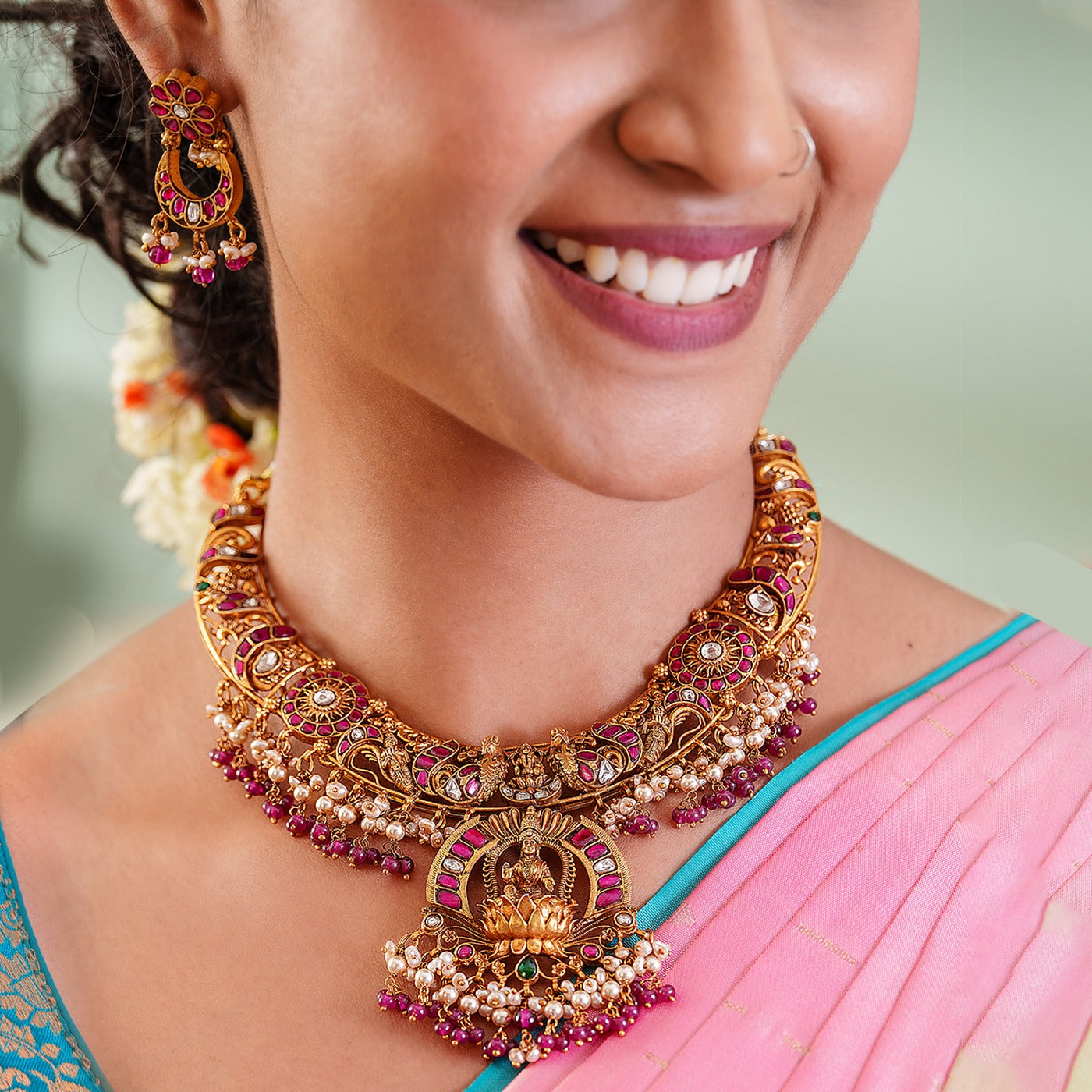 Divine 3D Kundan Lakshmi Necklace Set with Pearls and Antique Gold Finish