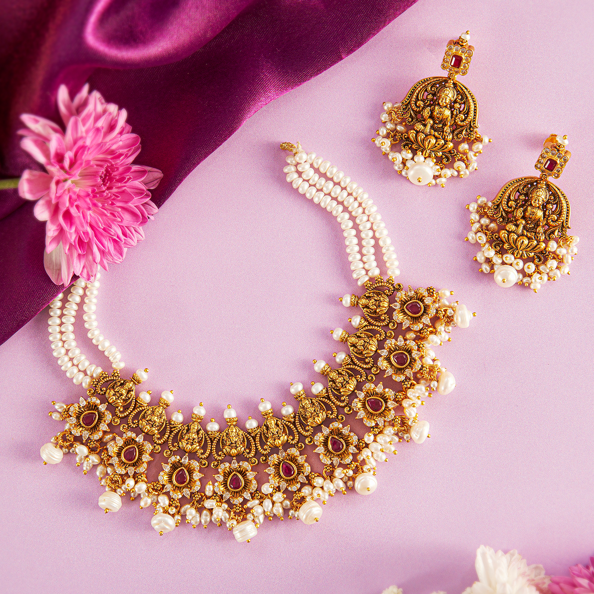 Temple Jewellery Pearl Necklace Set - HS925