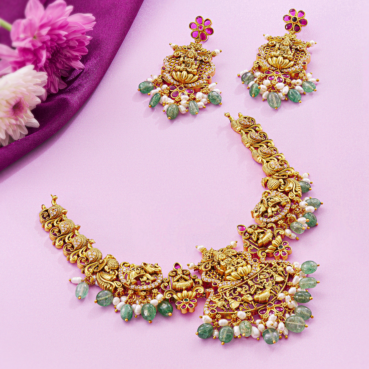 Timeless Lakshmi Antique Gold Short Necklace Set - HS925