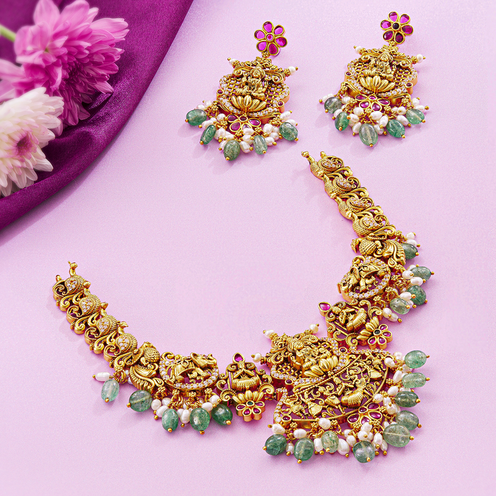 Timeless Lakshmi Antique Gold Short Necklace Set - HS925