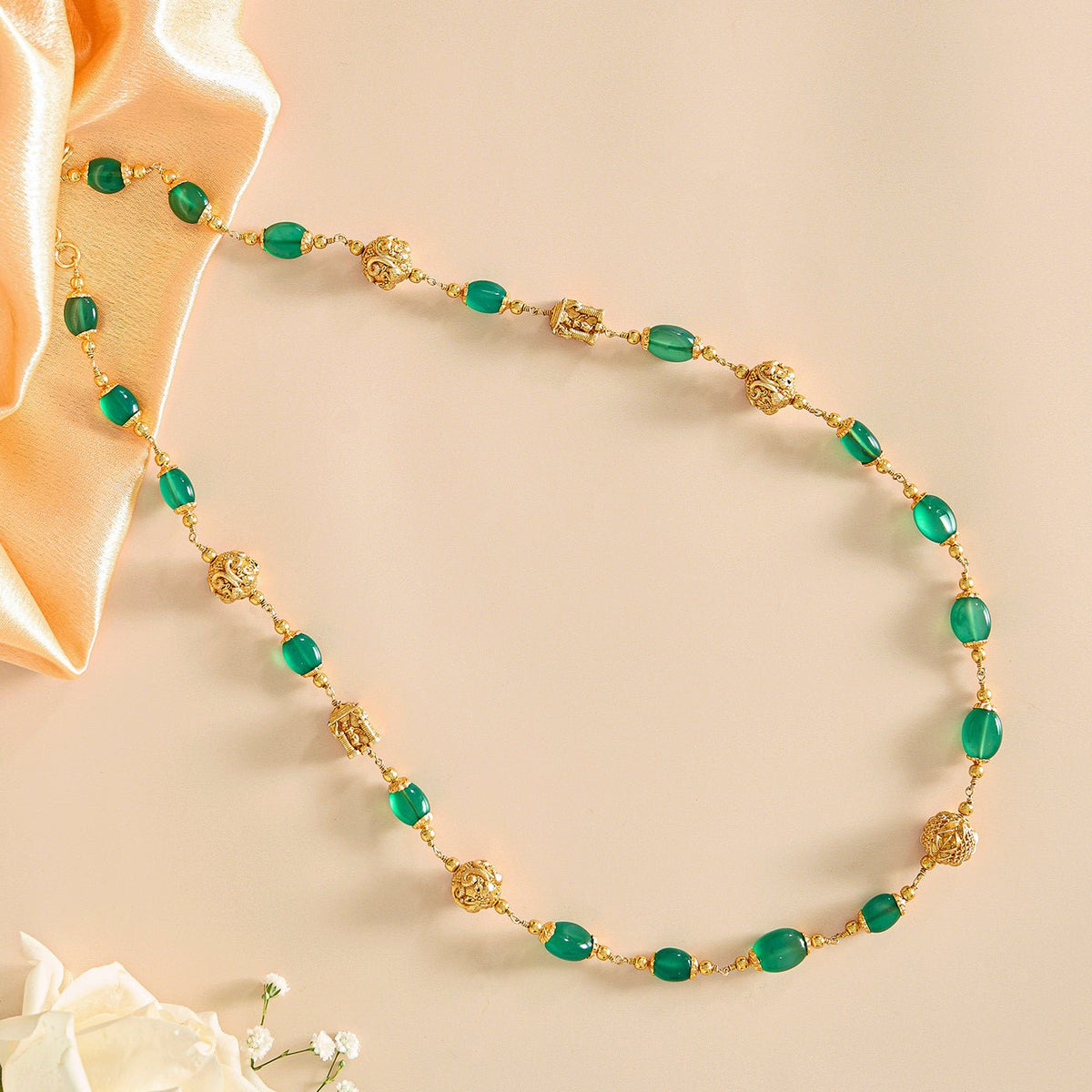 Traditional Green Beads Gold Chain with Decorative Accents - HS925