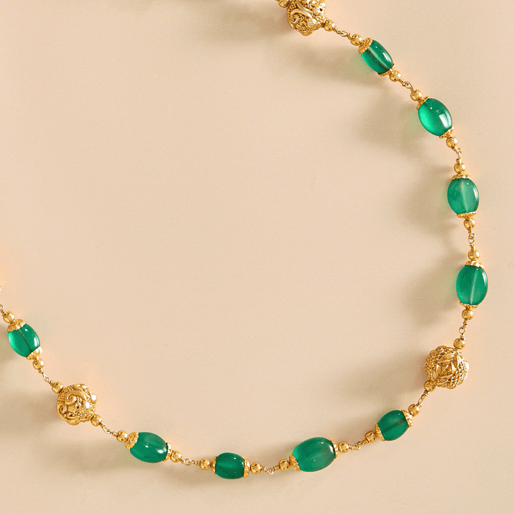 Traditional Green Beads Gold Chain with Decorative Accents - HS925