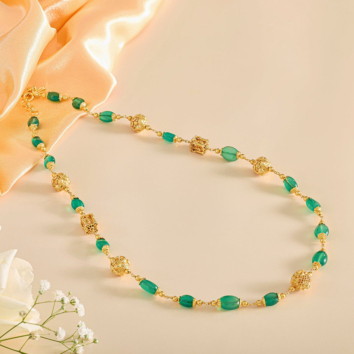 Traditional Green Beads Gold Chain with Decorative Accents - HS925