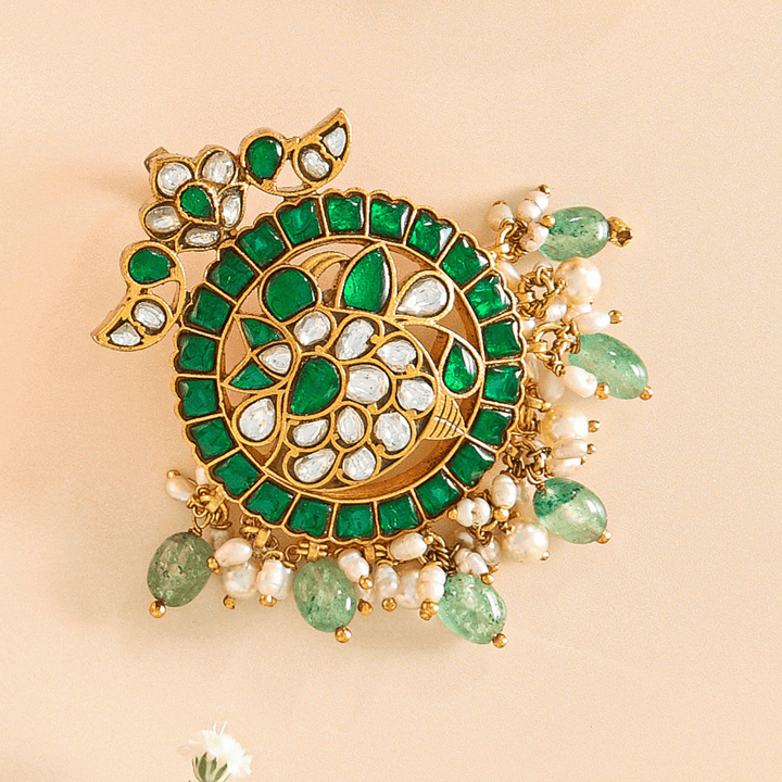 Traditional Green Kundan Pendant Set with Turtle Design - HS925