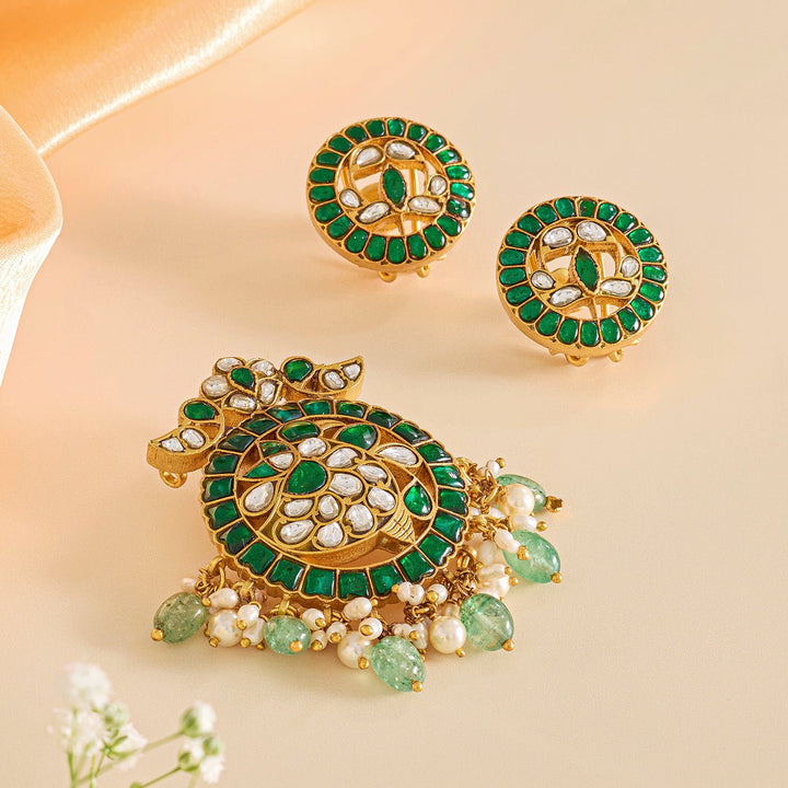 Traditional Green Kundan Pendant Set with Turtle Design - HS925