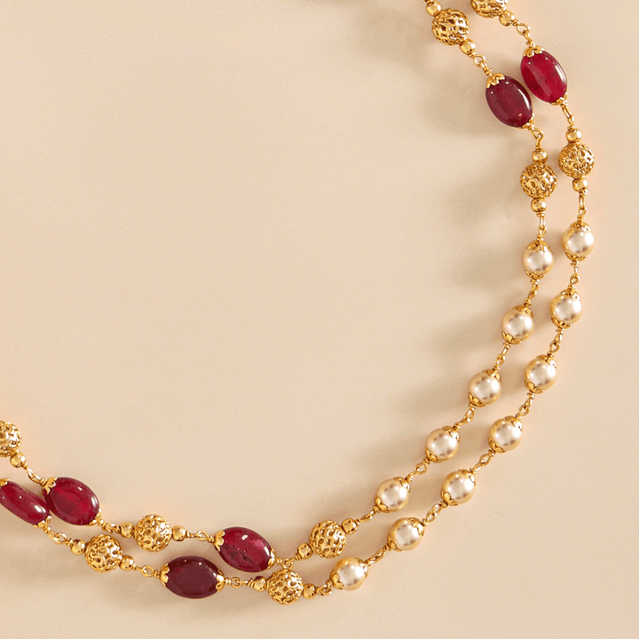 Two Layer Pearl Chain with Red Stone Accents - HS925