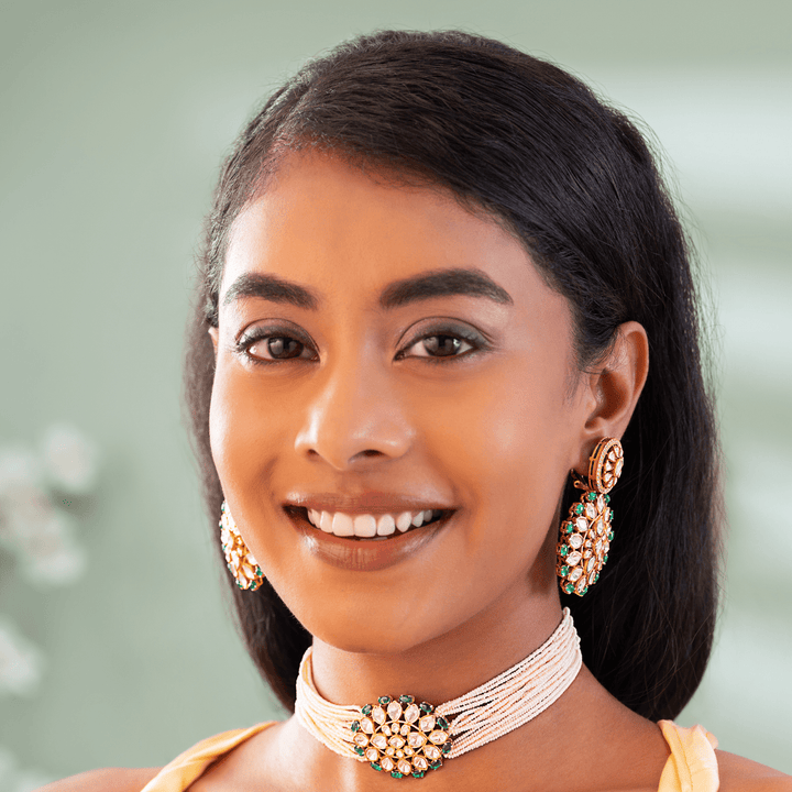 Verdant Glow Pearl Choker Necklace & Earring Set - HS925