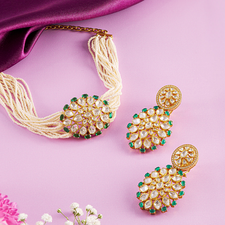 Verdant Glow Pearl Choker Necklace & Earring Set - HS925