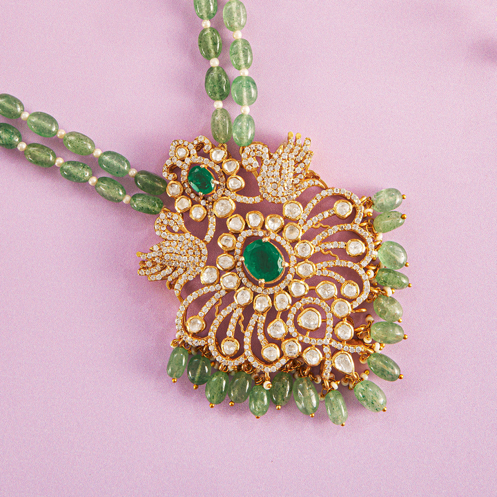 Verdant Layer Green Beaded Moissanite Pendant Necklace set - HS925